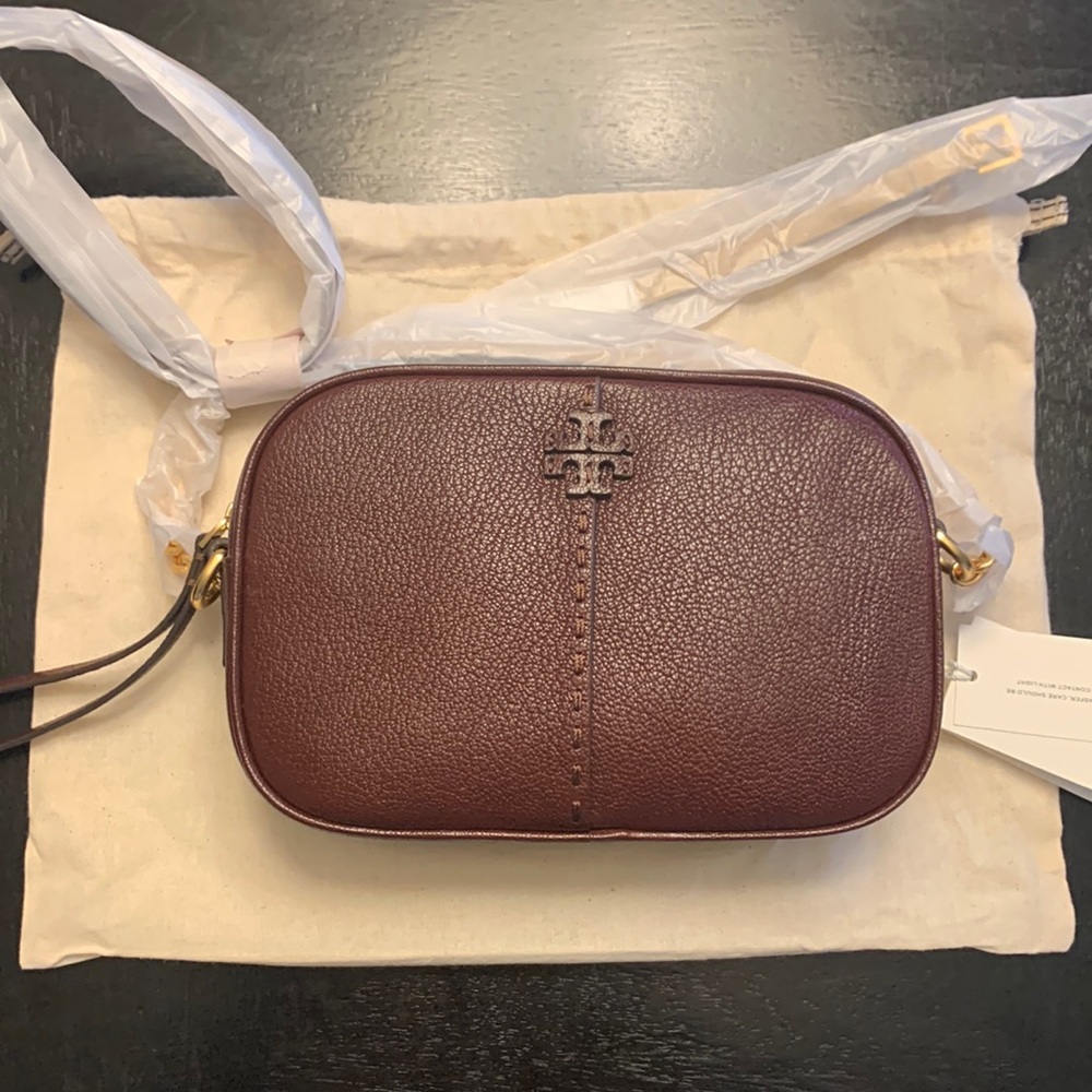 Tory Burch McGraw textured leather camera bag wine